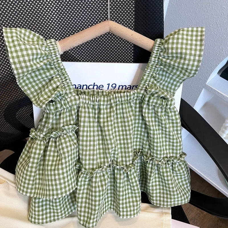 

Girls Suits Summer Fly Sleeve Plaid Vest Shirt+Leg Pants 2Pcs Sets Children Baby Kids Clothing Sets Girls Outfits Set 2-7Yrs