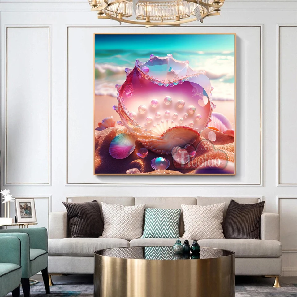 5D Beautiful Conch Shell Landscape Cross Stitch Diamond Painting Diy Beach Pearl Full Square Round Mosaic Rhinestone Decor Gift