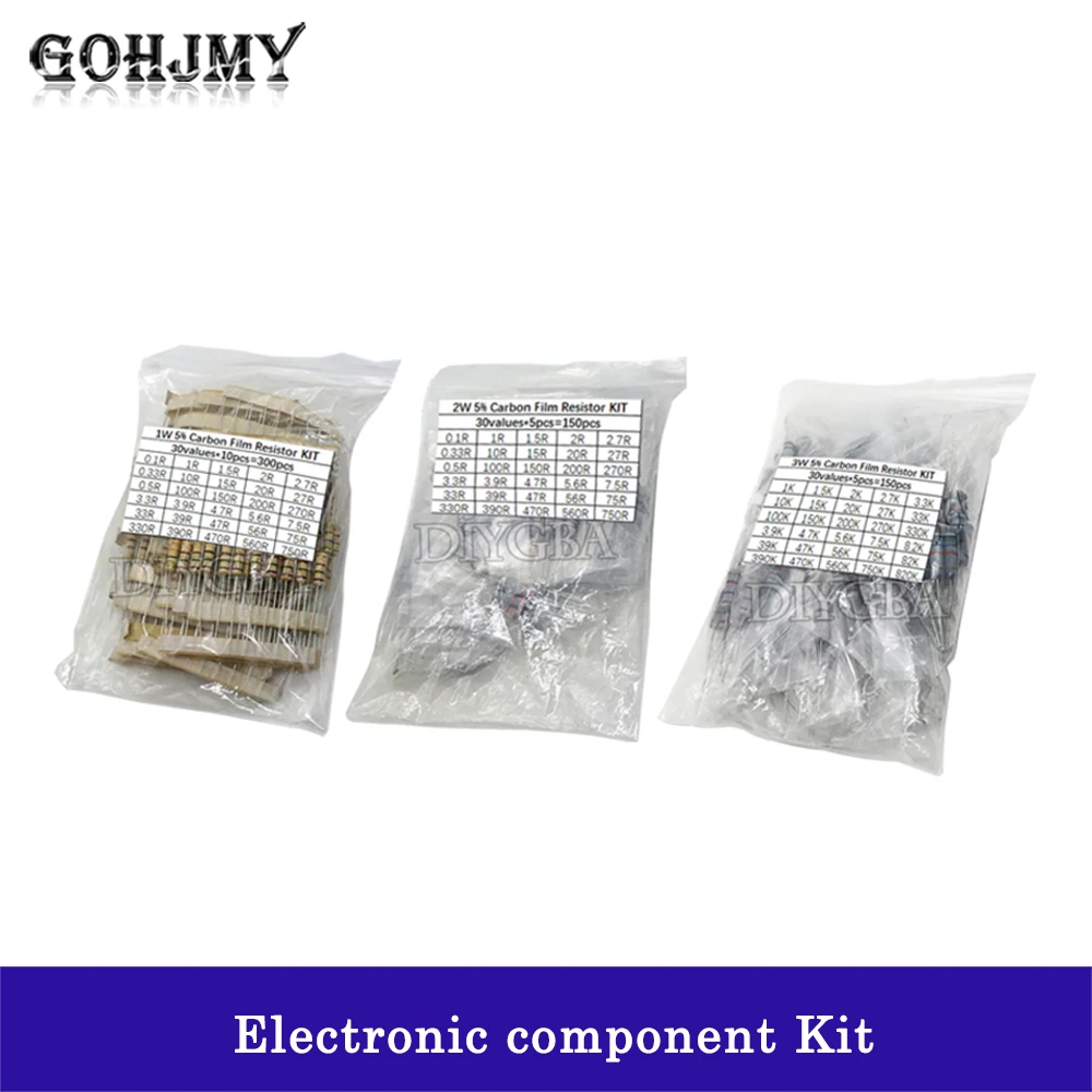 150PCS 300PCS Resistor Kit 1W 2W 3W 5W 5% 30Kinds Carbon Film Resistance 0.1-750 ohm 30Kinds Carbon Film Resistance 1k-820K