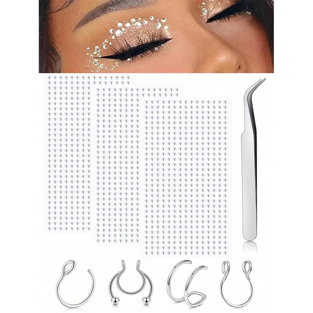 Acrylic Rhinestone Sticker, DIY Lip/Nose/Cartilage/Earring Studs,1 Stainless Steel Tweezer And 4 Stainless Steel Fake Nose Rings