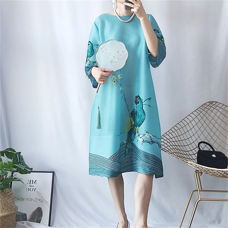 Long Dresses Evening Dresses Summer Pleated Retro Temperament Plus Size Loose Pleated Skirt Palace Flower-and-Bird Print Dress