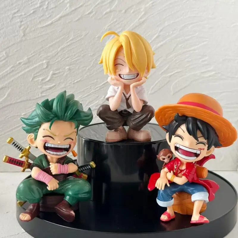 Q Version One Piece Sitting Laughing Luffy Zoro Sanji Trendy Figure Desktop Car Ornament Anime Collectible Decor Gift for Fans