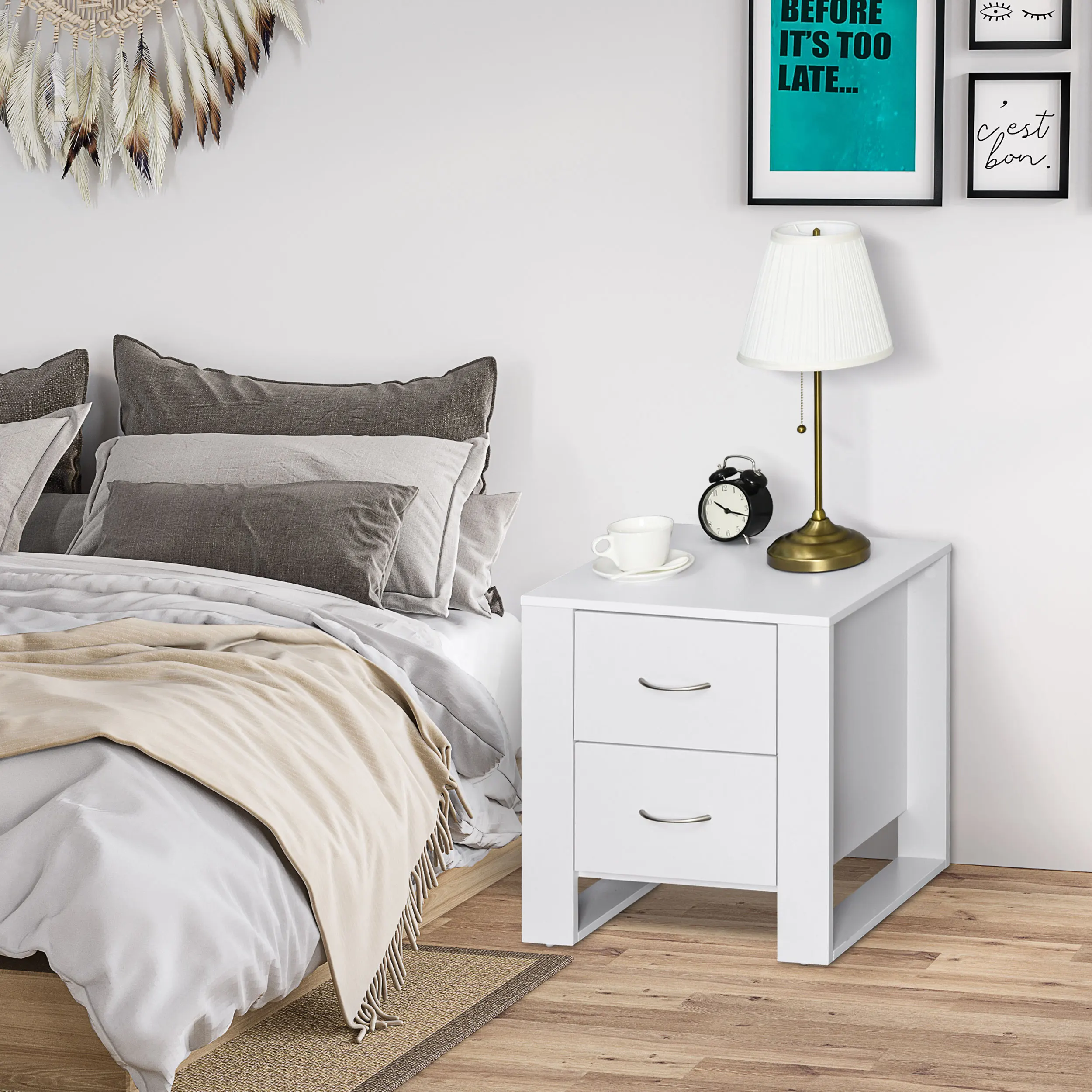 HOMCOM bedside table with 2 drawers and legs for bedroom 48x39x54 cm White