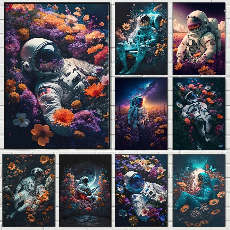 

Astronaut Playing Guitar Space Moon of Flowers Painting Posters for Living Room Canvas Painting Art Home Wall Decor Picture Gift