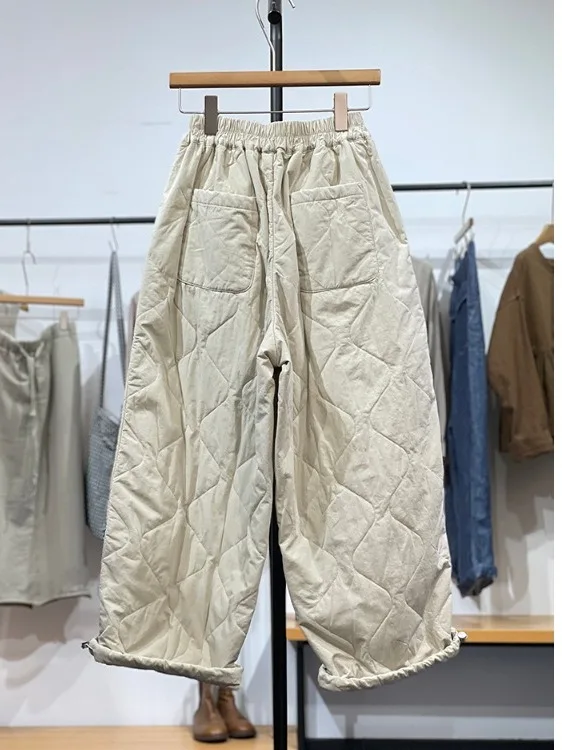 السراويل القطنية الفنية غير الرسمية المرأة مرونة الخصر الماس الربط الدفء البطانة واسعة الساق السراويل الشتاء وصول جديد