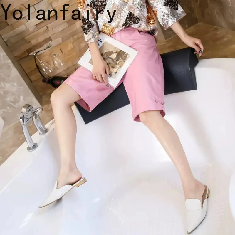 YOLANFAIRY Women Genuine Sheepskin Leather Five Point Pants 2026 Autumn Pink Straight Leg Leather Trousers Casual Capri Pants