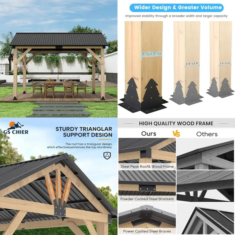 

10‘x12’ outdoor patio wooden gazebo - cedar solid wood gazebo with galvanized steel roof, wooden frame, pavilion for lawns, beac