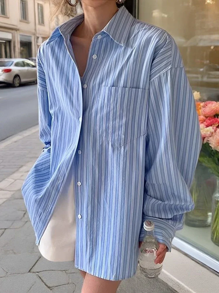 Vintage Casual Striped Shirt Women Spring Summer Long Sleeve Retro Loose Blouse Streetwear Ins Turn Down Collar All Match Tops