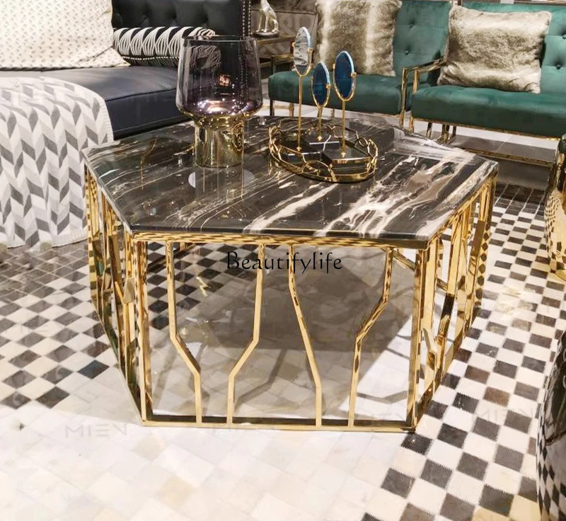 

02Living room marble coffee table Nordic light luxury coffee table mirror titanium gold silver white dragon stone surface