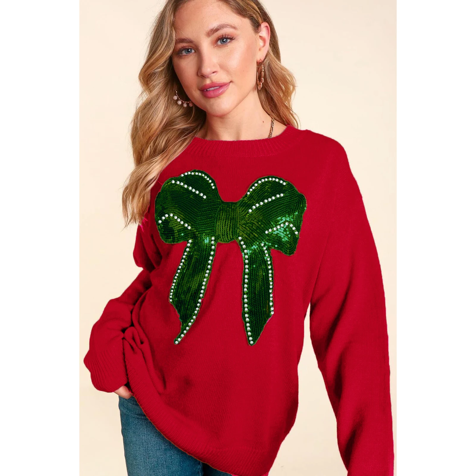 Christmas Sweater Sequins Bow Women Pullovers Top Autumn Winter Long Sleeve Knit Clothes Soft Casual Jumper Turtleneck Sweater