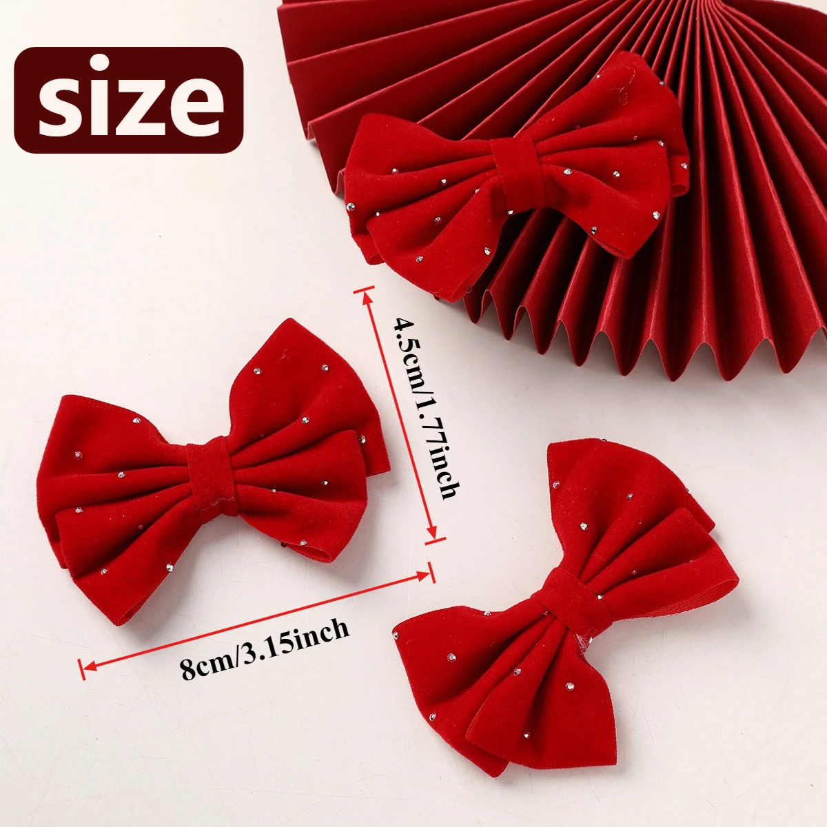 벨루어 별 모양 리본 헤어 클립 2개, 우아한 리본 타이 헤어 액세서리, 축제 신년 의상 세트, 화이트 악센트가 있는 레드 벨벳