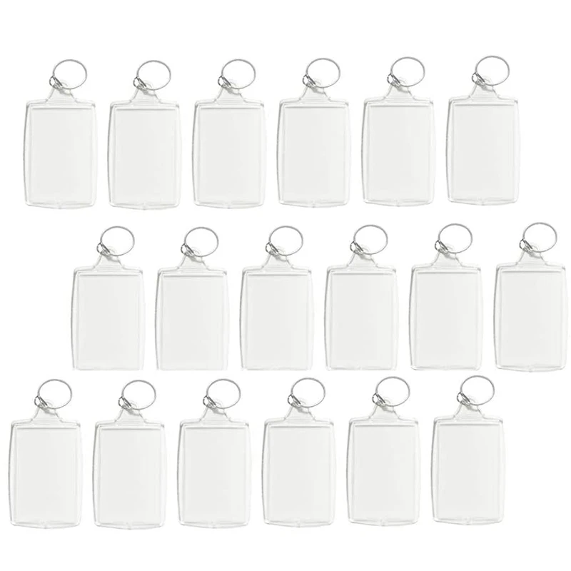 

A01F-100Pcs Photo Keychain Rectangle Transparent Blank Acrylic Insert Photo Picture Frame Keyring Key Holder DIY Split Ring