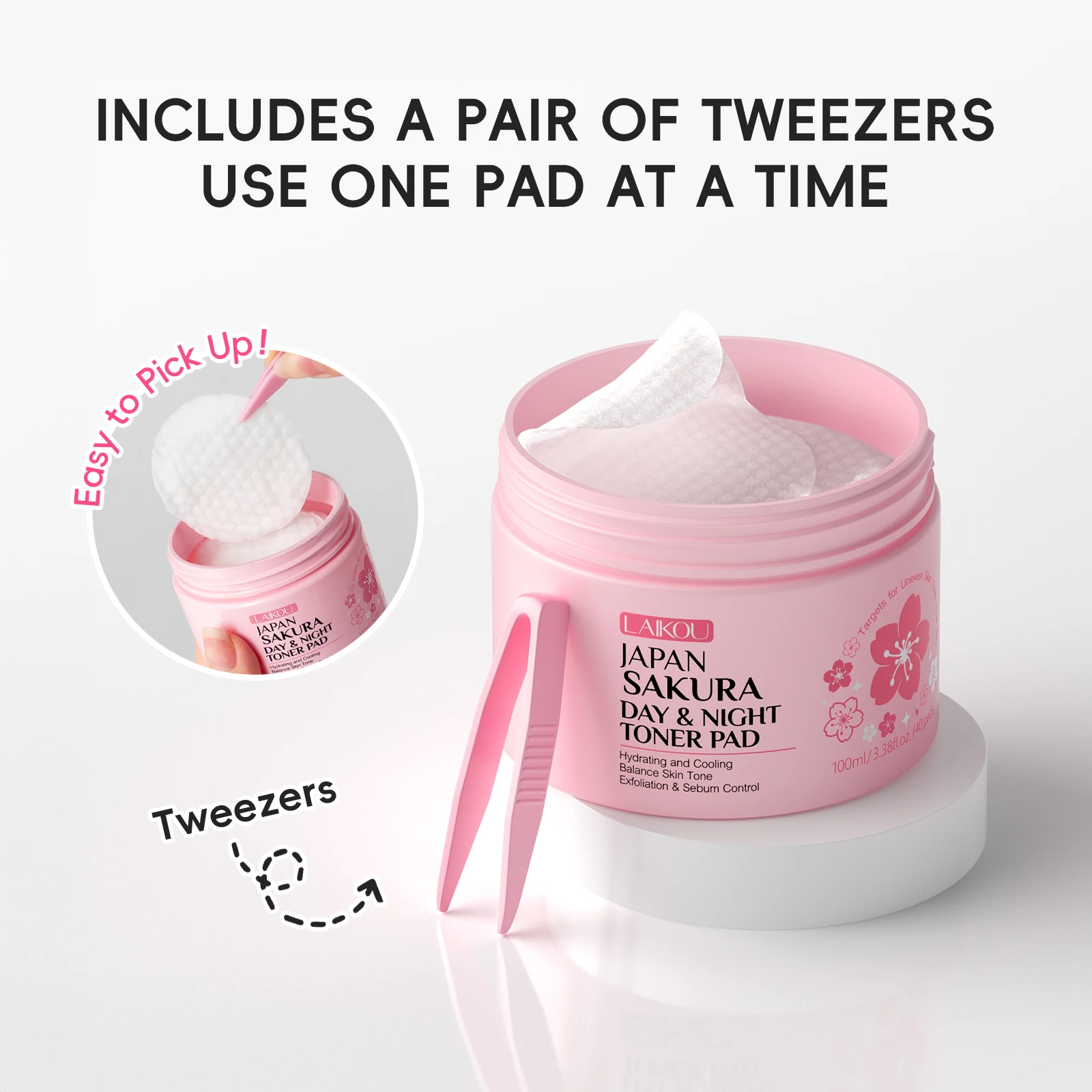 

LAIKOU Japan Sakura Тонер-подушечки День и Ночь Отшелушивающие подушечки Осветляющее лечение Увлажняющие подушечки для контроля пор Двусторонние подушечки
