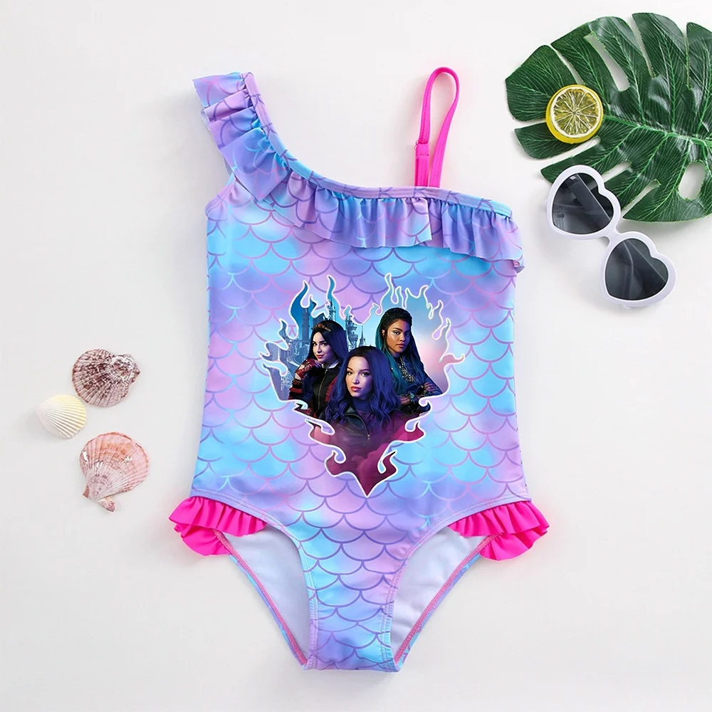 Descendants Girls Swimsuit Mermaid Fish Scale One-Piece Bathing Suits Children's Dresses Swimwear Beach Suit Kids Wear