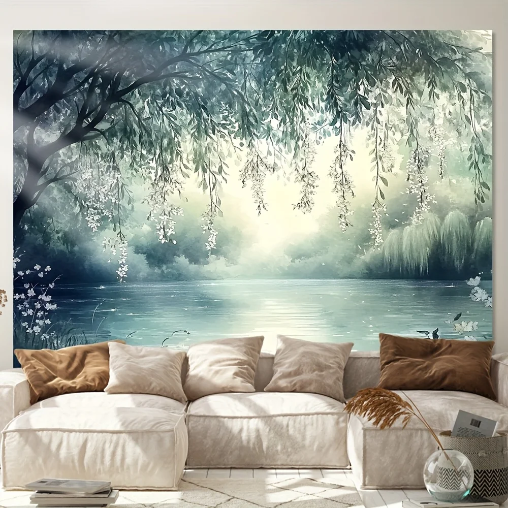 Watercolor Nature Tapestry Wall Hanging Forest Landscape Willow Tree Art Boho Room Decor Large Polyester Prints Misty Lake Scene