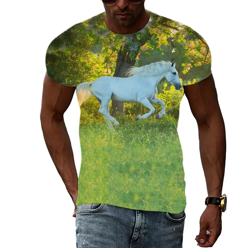 New Tide Summer Fashion Horse Picture T-shirts Casual Print Tees Hip Hop Personality Round Neck Short Sleeve Tops