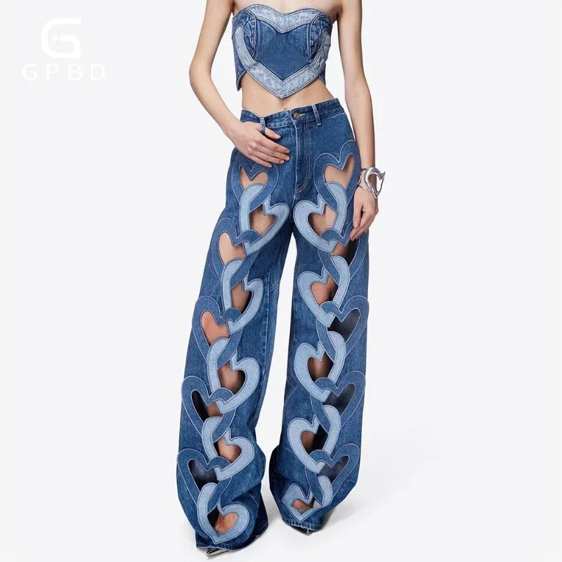 GPBD Fashion Women Jeans High Waist Heart Connectivity Contrast Color Hollow Out Straight Denim Pants 2024 New