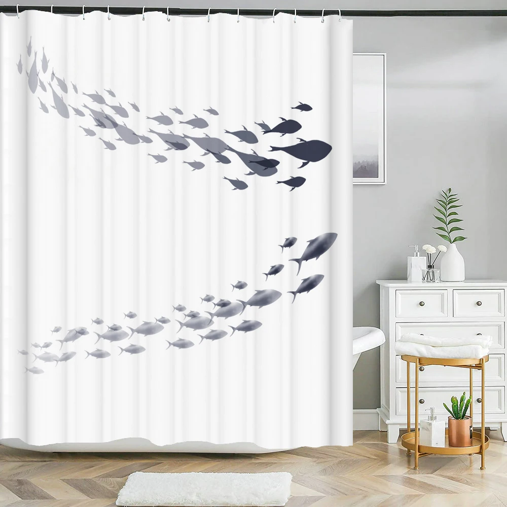 Simple style Ocean Fish Shower Curtain Printed Nordic Minimalist Waterproof Polyster Home Decor Bathroom Curtain with Hooks