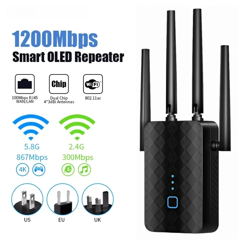 1200Mbps 2.4G 5GHz WiFi Repeater Wireless Dual Band WiFi Extender 802.11ac Gigabit Amplifier Router Long Range Signal Booster