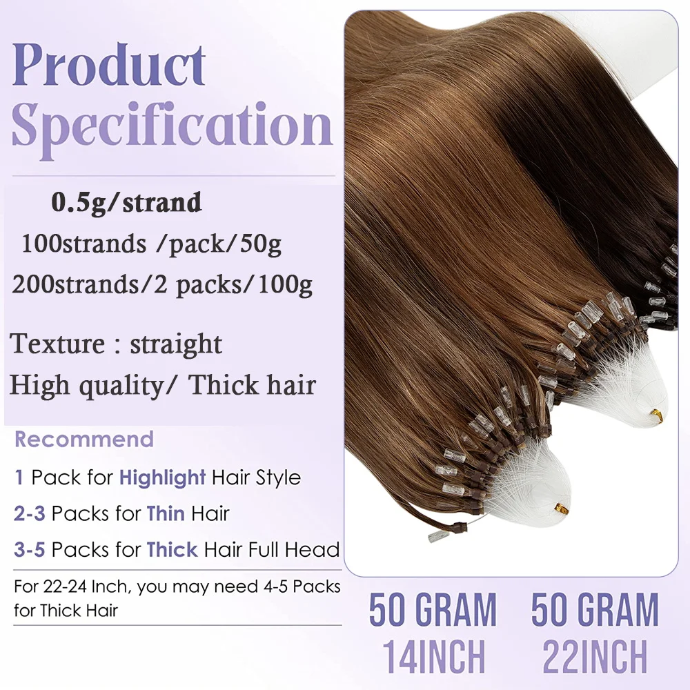 SEGO 100 Strands Straight Micro LooHuman Hair Extensions for Women Micro Ring Hair Extensions Pre Bonded Micro Beads Hair