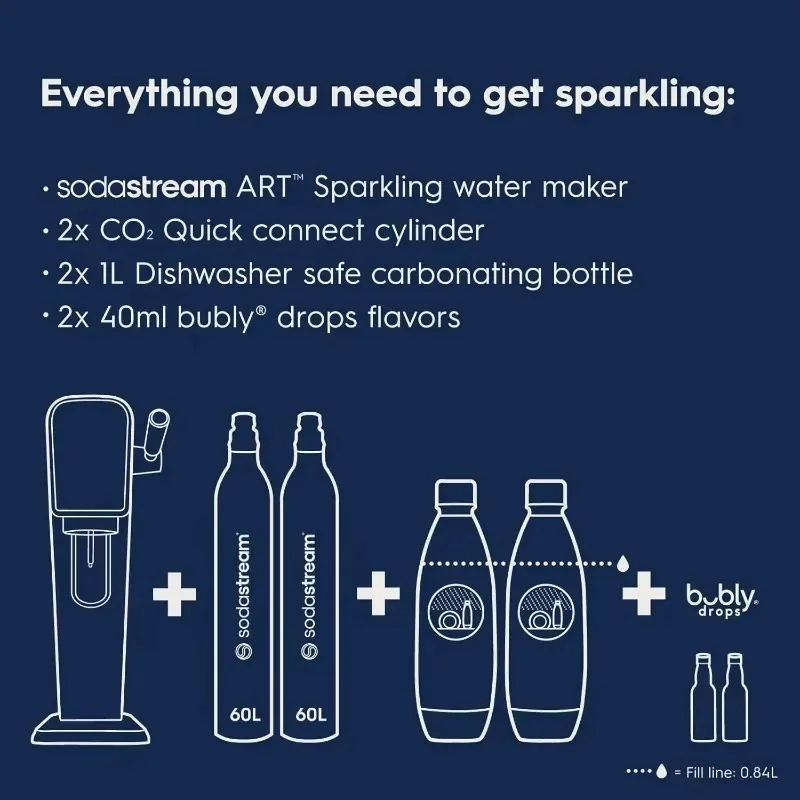 SodaStream Art Sparkling Water Maker Bundle (Misty Blue), mit CO2, DWS-Flaschen und Bubly Drops-Geschmacksrichtungen