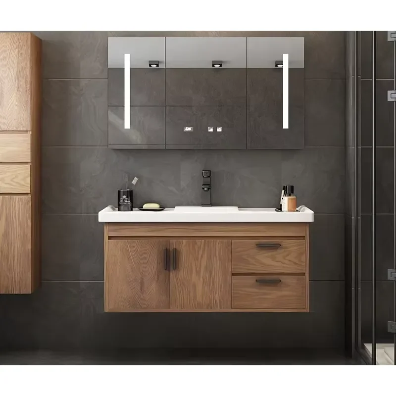 BALOM Customized Wall Mounted Solid Wood Bathroom Vanity Set with LED Mirror Cabinet and Multi-layer Storage, Waterproof