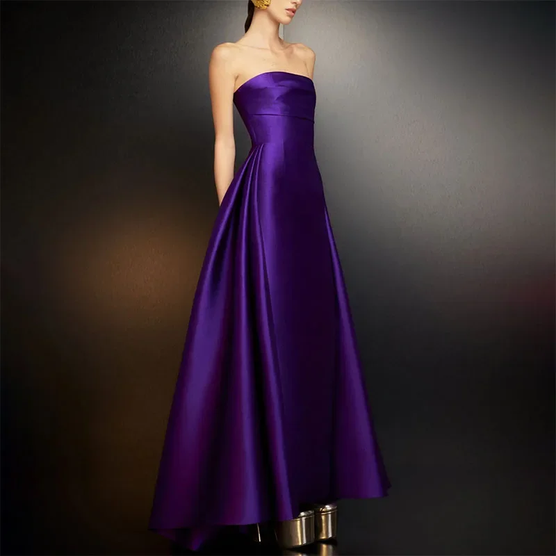 Customized Elegant Long Purple Evening Dress 2024 Strapless Straight Pleated Ankle Length Side Train Prom Dress Party Dress for