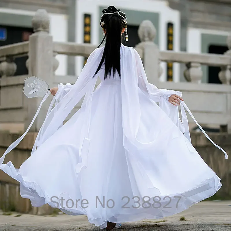 WATER White Ancient Costume Hanfu Women's Elegant Fairy Chinese Style Improved Dress Women's Ancient Style Cross Collar