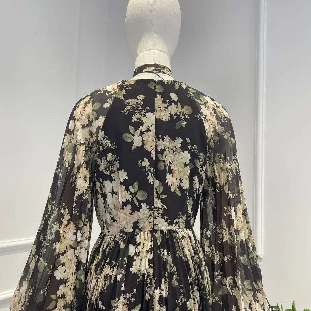 Vestido Midi Vintage con estampado Floral de alta calidad para mujer, manga larga acampanada, cuello en V, lazo automático, otoño 2023