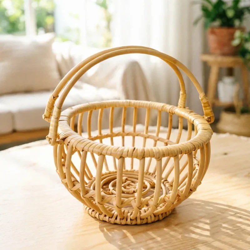 Natural Woven Rattan Basket With Dual Handle Retro Round Frame For Studio Portrait Shooting Photo Scene Arrangement Decor Prop