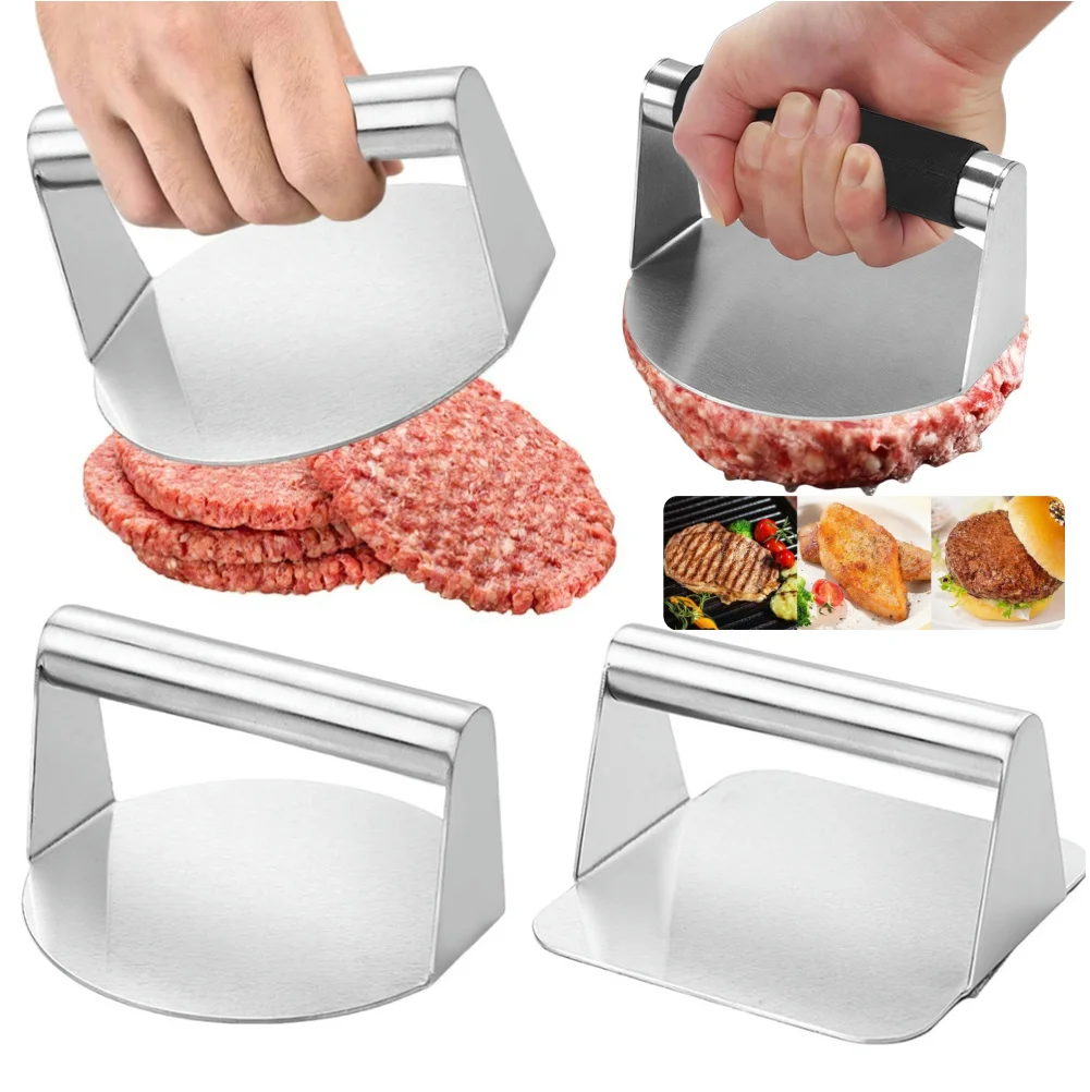 Prensa para hamburguesas de acero inoxidable de 5,5 pulgadas, herramienta redonda para aplastar hamburguesas con mango antiescaldaduras para hamburguesas perfectas, tocino