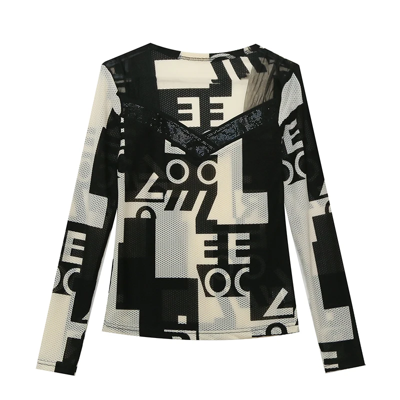 أسود، ربيع، كوري، نمط، تي شيرت، أنيق، مثير، مفرغ، لامع، الماس، هندسي، نسائي، بلايز، كم طويل، مرقع، دانتيل، تي شيرت، 59100