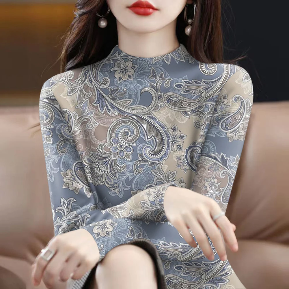 Women Half High Collar Printed Long Sleeve Pullover Base Shirt Casual Holiday Party Tops Plus Size T-shirt