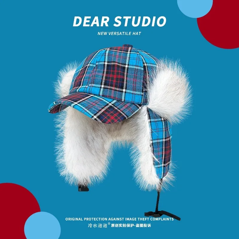 

Korean Fashion Contrasting Color Plaid Plush Bomber Hats Women Autumn Winter Fleece Thickened Thermal Ear Protection Men's Caps