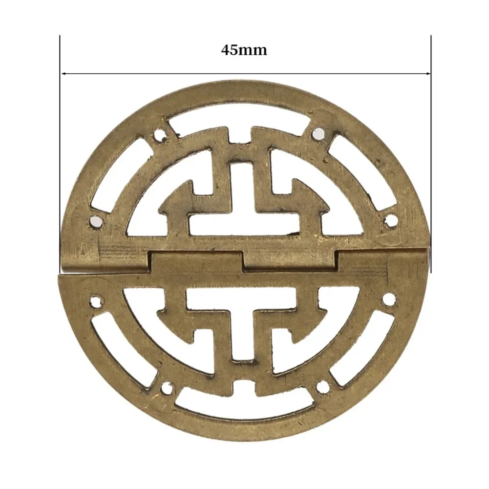 Pair Of Round Brass Hinges With Hollow Vintage Design For Wooden Jewelry Boxes Cabinets And Small Storage Projects