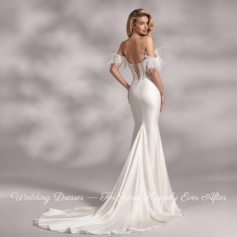 Elegant Satin Mermaid Bridal Gown Sweetheart Off Shoulder Feather Lace Vestidos De Novia Customized