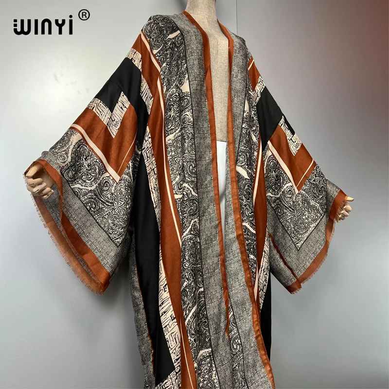 WINYI البوهيمي كيمونو طباعة سترة المرأة معطف فضفاض معطف طويل عطلة الشاطئ التستر فستان الحفلات الفاخرة دبي عباية ماكسي فستان