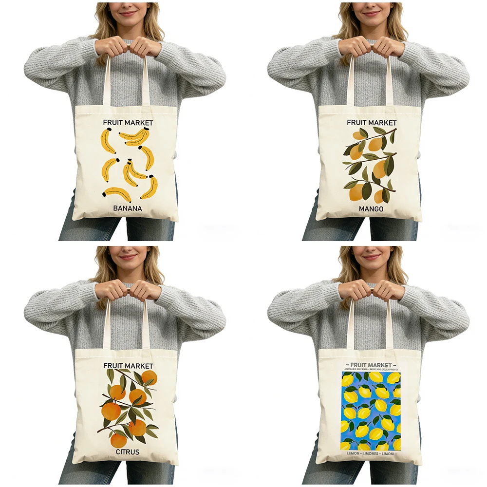 Watercolor Fruit Pattern Tote Bag Customizable Polyester Shopping Bag 40x45cm Double Sided Print Reusable Everyday Carryall Gift