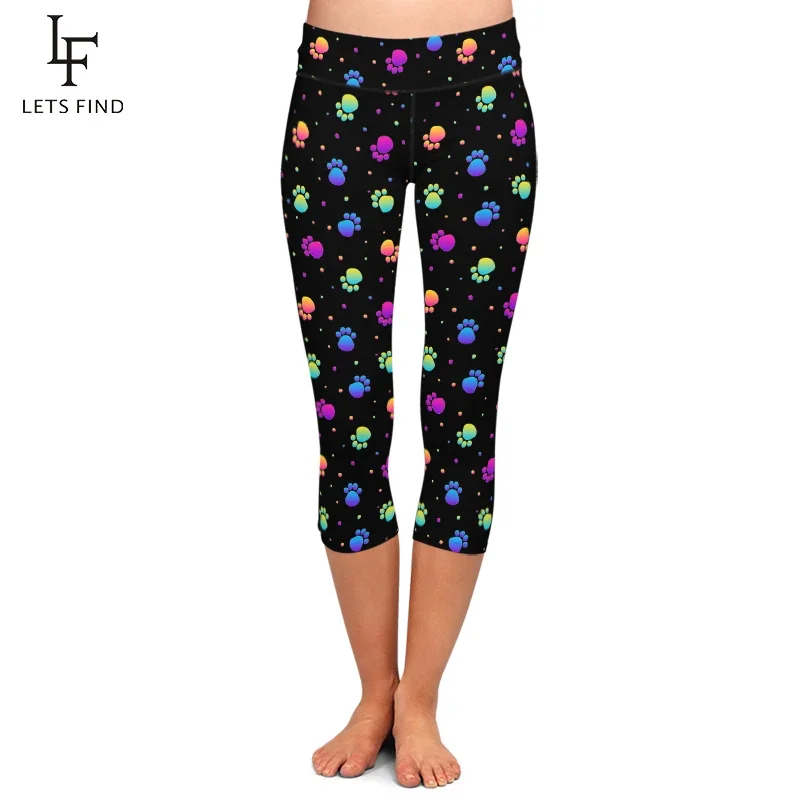 

LETSFIND High Quaility 3D Colorful Dog Paw Pattern Digital Printing Capri Leggings New High Waist Slim Women Mid-Calf Legging