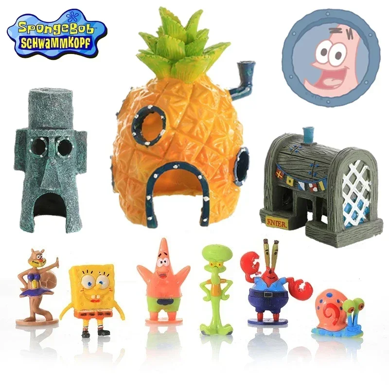 6pcs SpongeBob Fish Tank Decoration Cartoon Aquarium Doll Decorations Pineapple House Fish Shrimp Hideout Aquarium Decoration