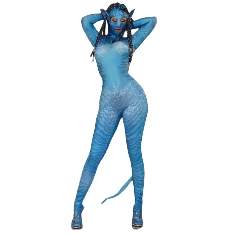 

Stretch Prom Party Luxurious Stage Outfit Nightclub Show Costume Performing Halloween Women Blue Avatar Couple Sexy Jumpsuit