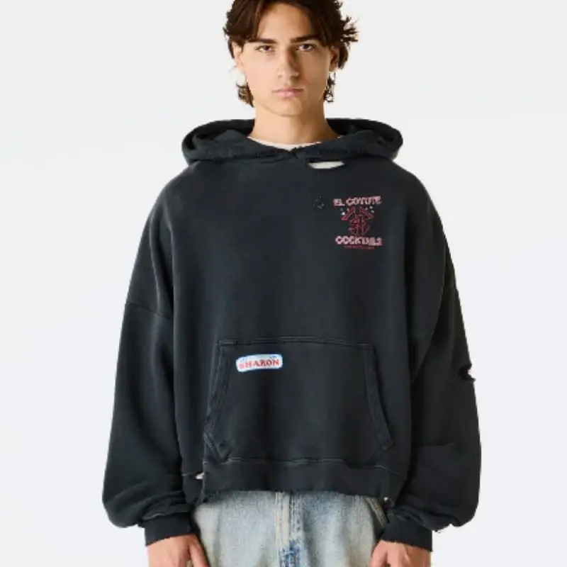 Play Hollywood 25FW black washed distressed hoodie with portrait graphic, loose streetwear sweatshirt soft.