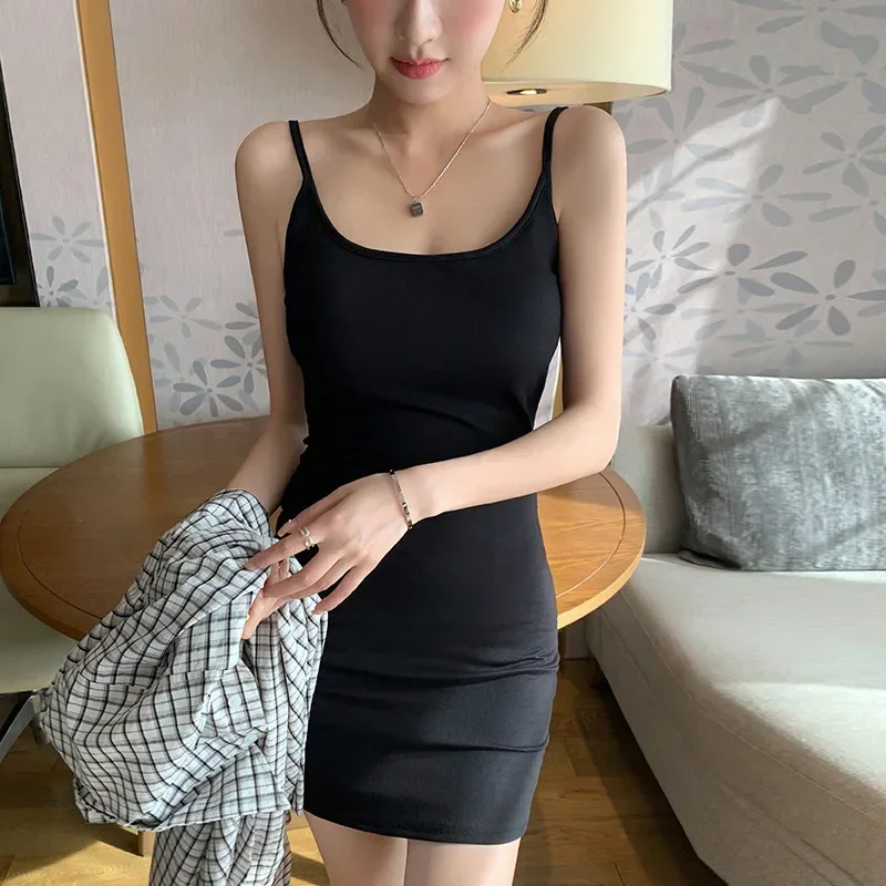 Sexy Enges Spaghetti-Träger-Kleid für Damen, Ärmelloses Sommer-Wickelkleid, Koreanisches Einfarbiges Minikleid mit Tiefem Ausschnitt – Detail 5