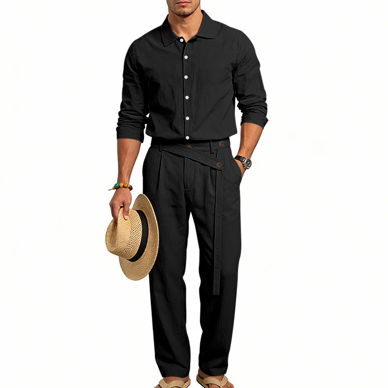 

Men Linen Lapel Long Sleeve Shirt Strap Decor Trousers Two Piece Casual Suit
