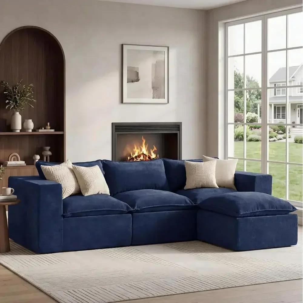 Navy Blue L-Shaped Sectional Sofa with Ottoman, Sleeper Option, Ready to Use