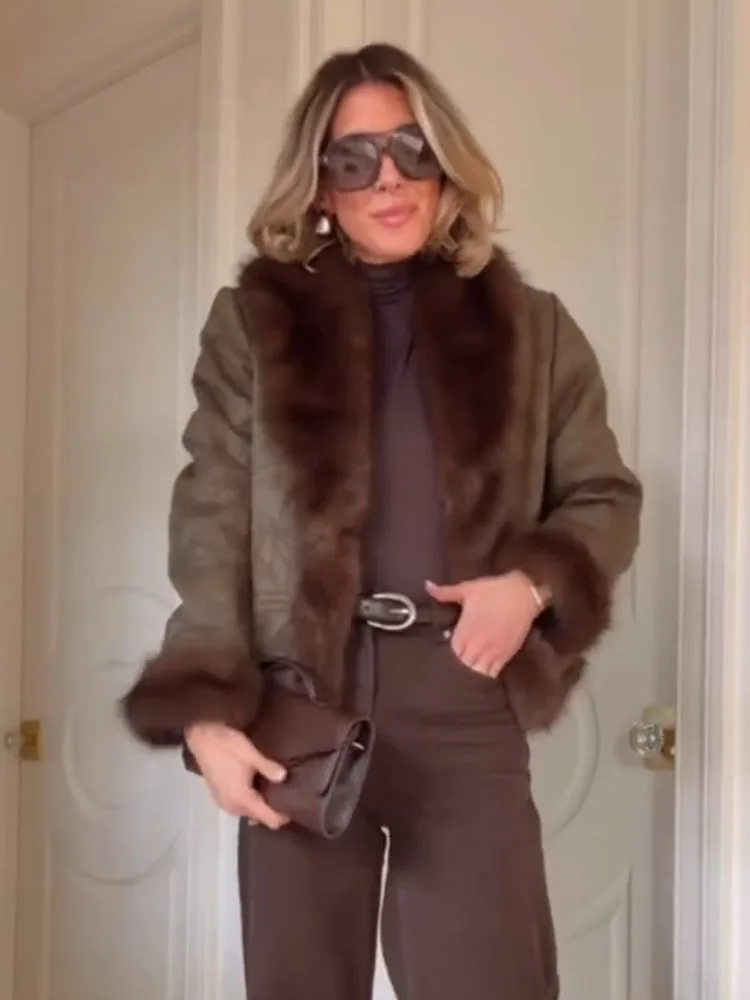 

HH Winter Women Embroidered Reversible Short Coat Long Sleeves Lapel Faux Fur Effect Jackets Fashion Woman Street Style Coat