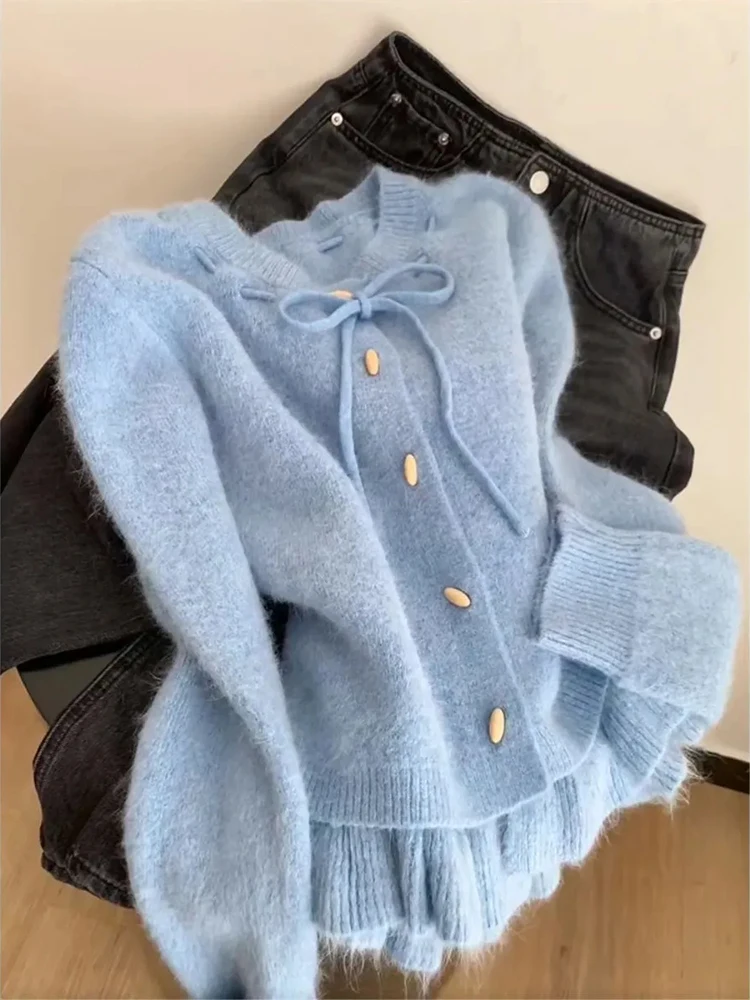

Women Sweet Knit Cardigan Korean Lace Up Bow Lazy Wind Autumn Winter Sweater Chic Button Blue Gentle Preppy Cute Knitwear Tops