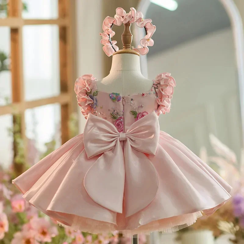 Princess Satin Short Sleeve Flower Girl Wedding Dress For Wedding Sequined Stage Performance Costume Evening Party Gowns