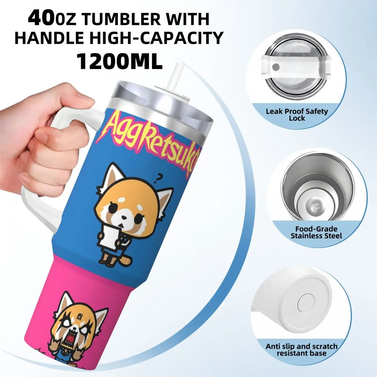 Tumbler Sanrio Aggretsuko Cartoon Mugs Cup With Straws Travel Cold and Hot Water Bottle Insulated Large Capacity Coffee Mug