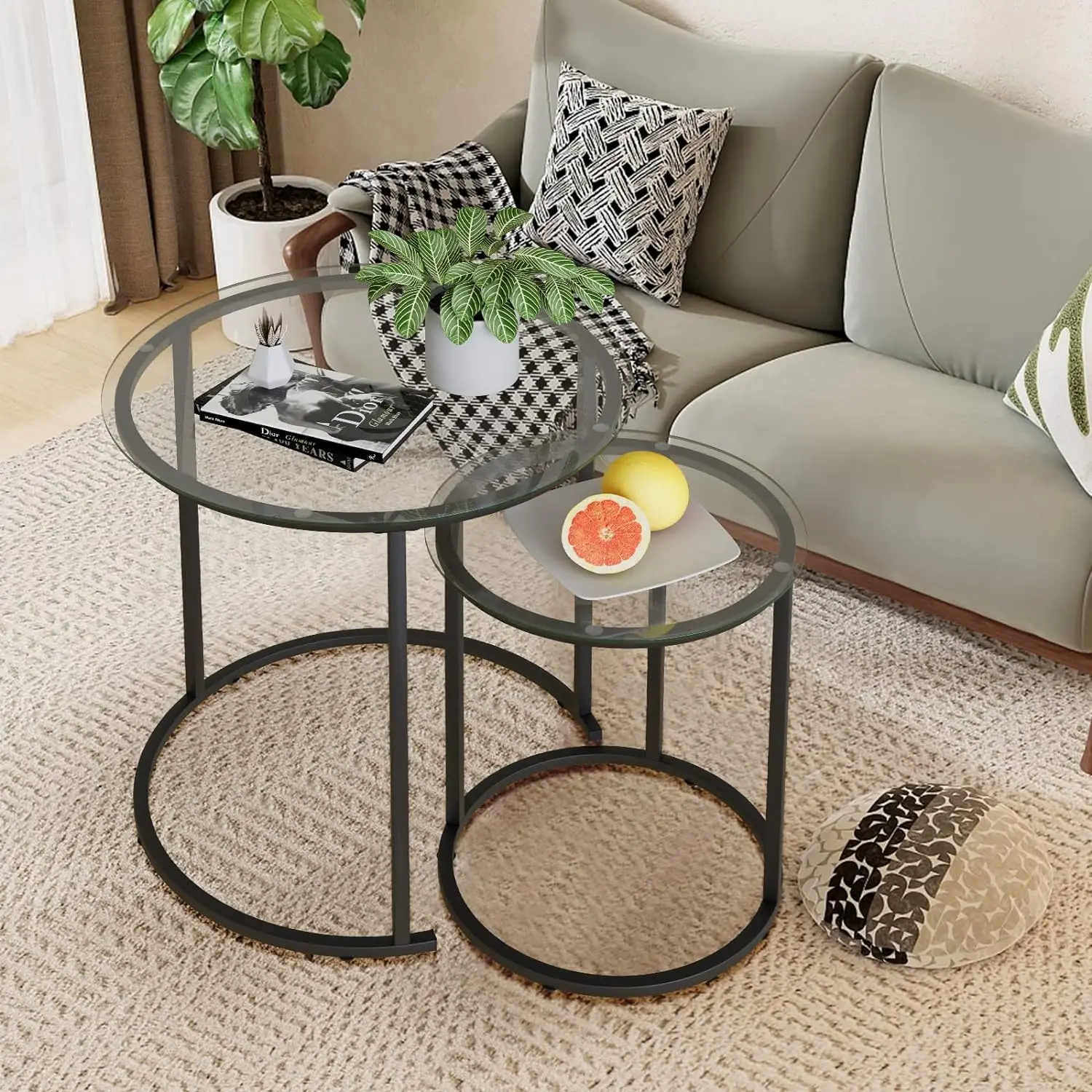 Nesting Coffee Table Set of 2,Modern Black Tempered Glass Side Table, Metal Frame Round End Table.Small Glass Tea Table